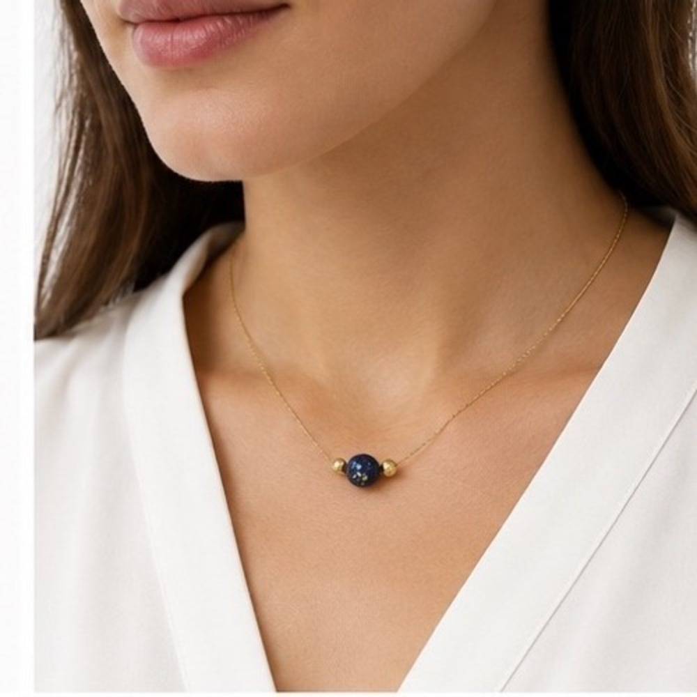 Gold Tone Dainty Necklace Blue Art Glass Bead Celestial Speckle Barrel Pin Clasp - Picture 2 of 8